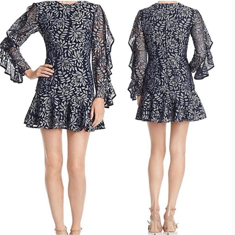 Keepsake The Label Women's Engage Navy Lace Long Sleeve Ruffle Mini Dress Sz XL